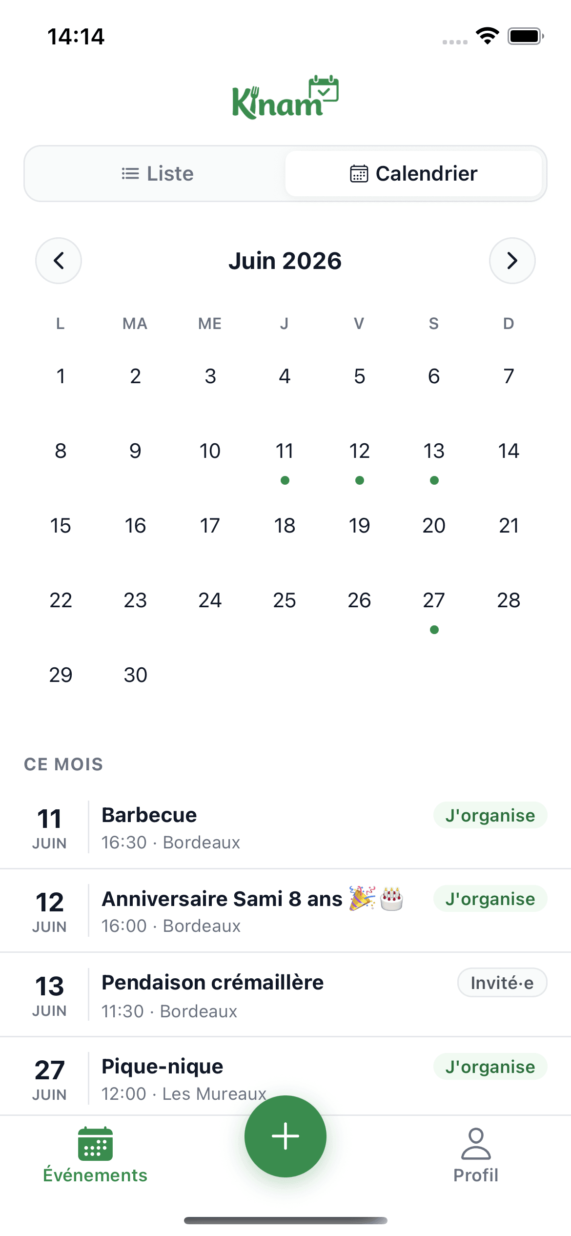 Vue calendrier