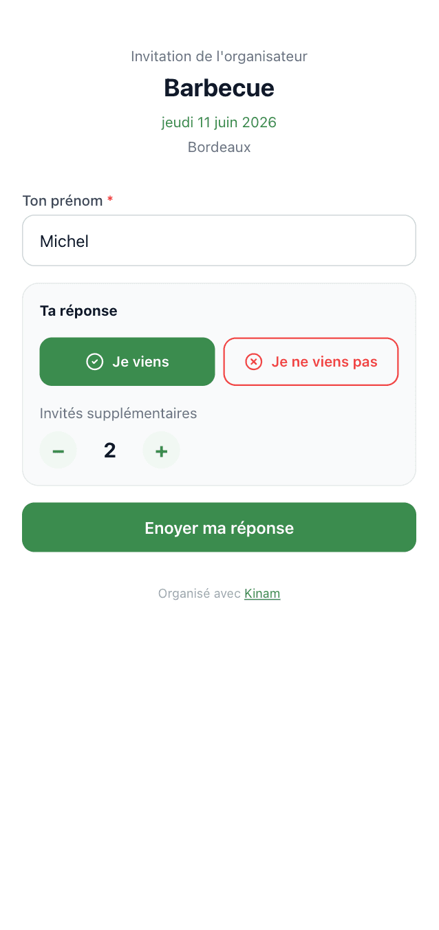 Page RSVP Kinam — réponse invité sans application mobile