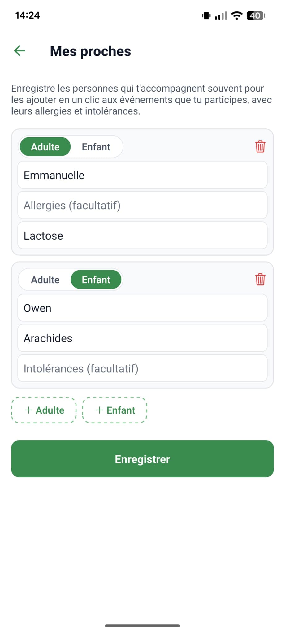 Mes proches enregistrés avec leurs allergies