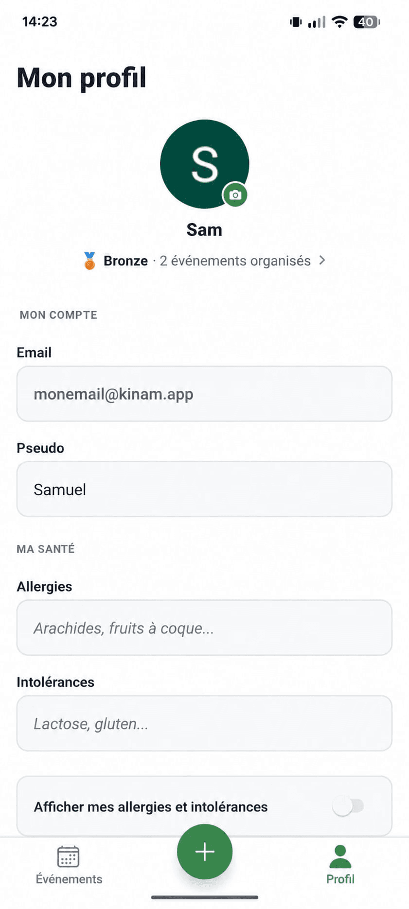 Mon profil Kinam — allergies et intolérances